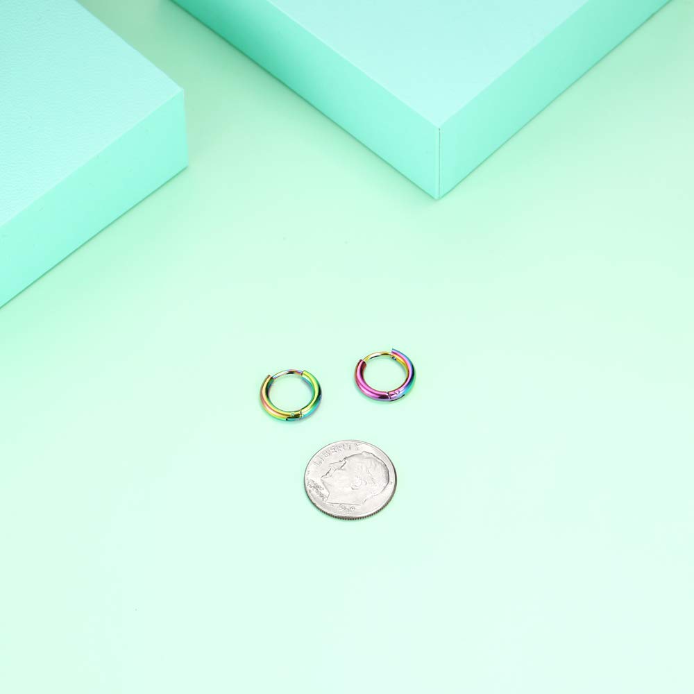 316L Surgical Stainless Steel Huggie Hoop Earrings 8mm Colorful Hypoallergenic Earrings Hoop Cartilage Helix Lobes Hinged Sleeper Earrings For Men Women(B05:8mm Rainbow(THK 2.0mm))