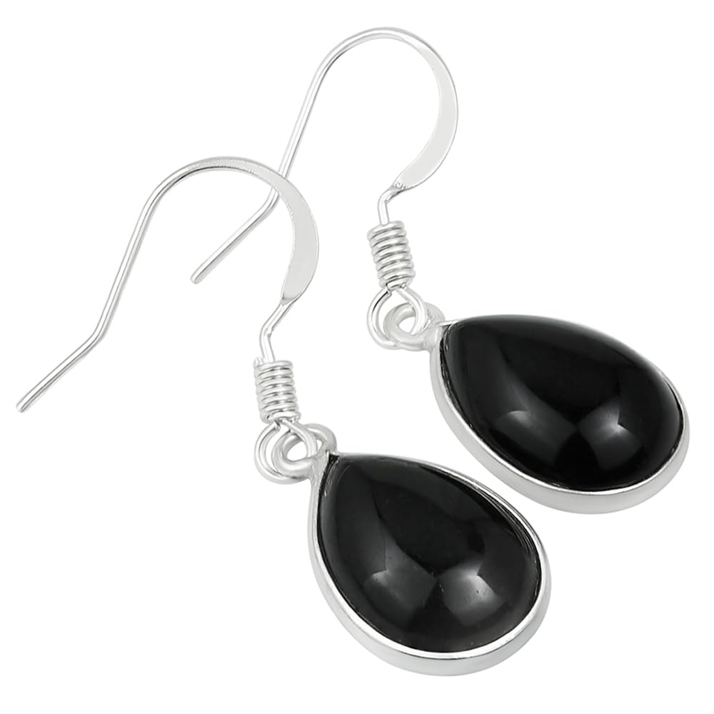 Natural Black Onyx Sterling Silver Plated Dangle Earrings for Women - Black Gemstone Teardrop Shape July Birthstone Dangle & Drop Handmade Earrings - Women's Day Gifts for Her