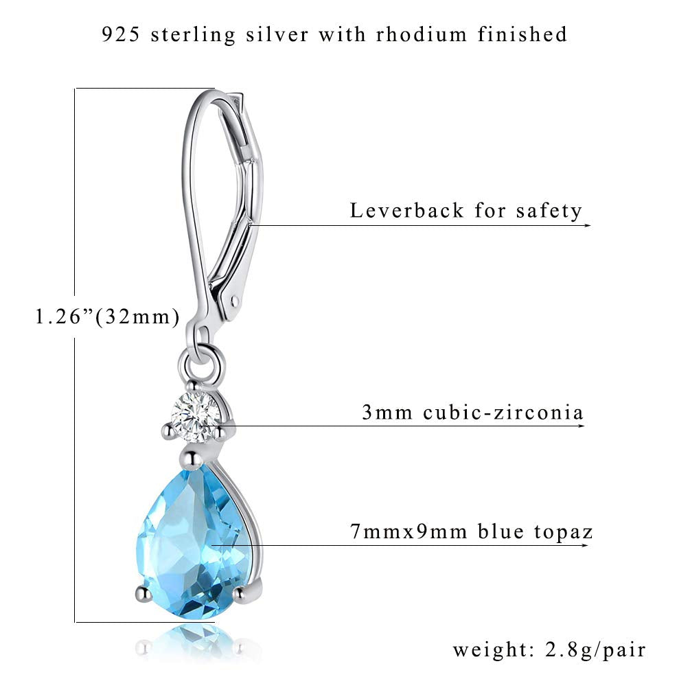 925 Sterling Silver 7 * 9mm Blue Topaz Teardrop Leverback Earrings Drop Dangly Gemstone Dangle Earrings Hypoallergenic Jewelry Birthday Gifts for Women