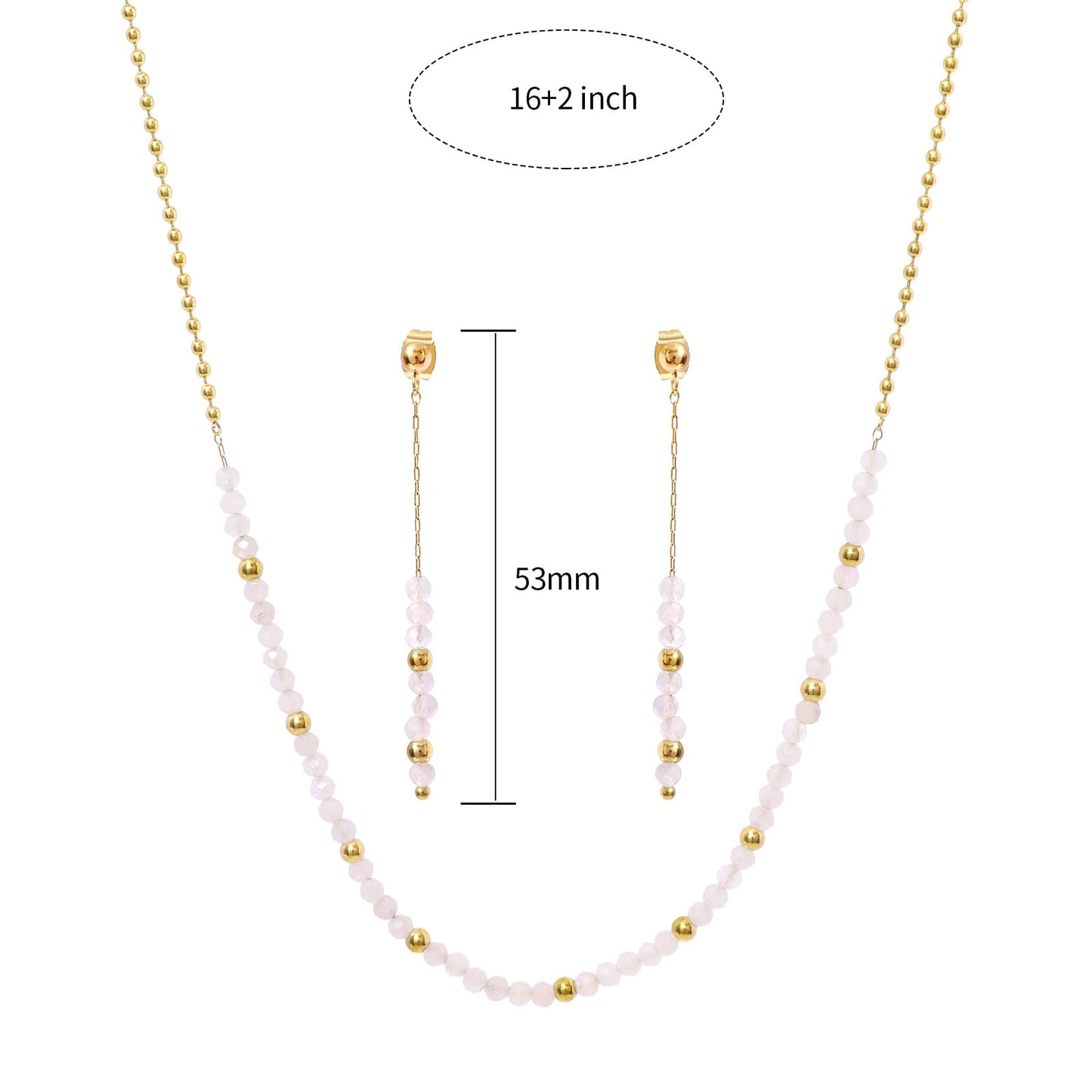 TaYolnFaSo Round Rose Quartz Beads Jewelry Set for Women 18K Gold Plated Rose Quartz Necklace and Earrings Set Gift for Girlfriend
