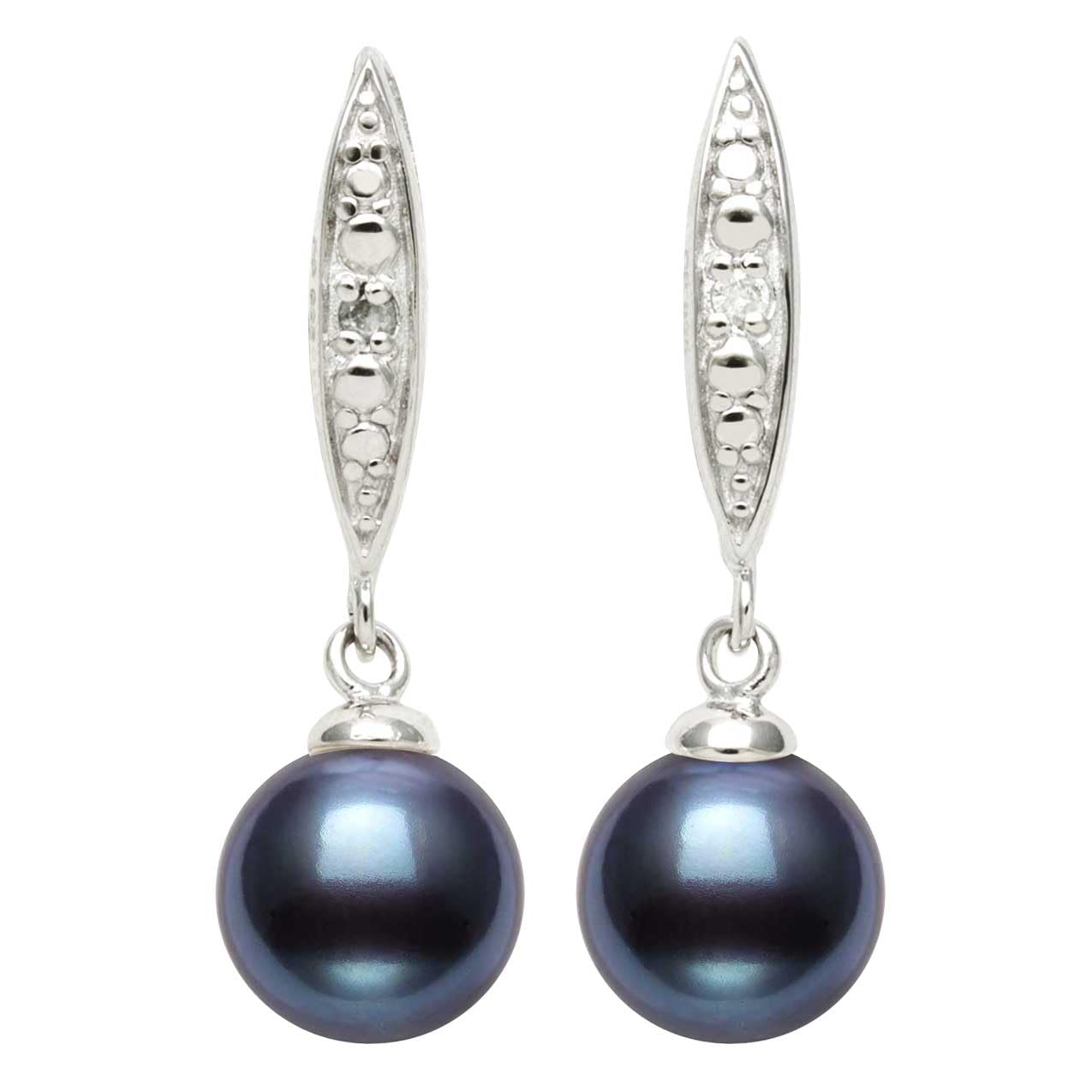 Belacqua Lab Created Sapphire with Black Cultured Freshwater Round Pearl Dangle Earrings in Sterling Silver, Push Back, Real Pearl Jewelry for Women, Gift Box Included