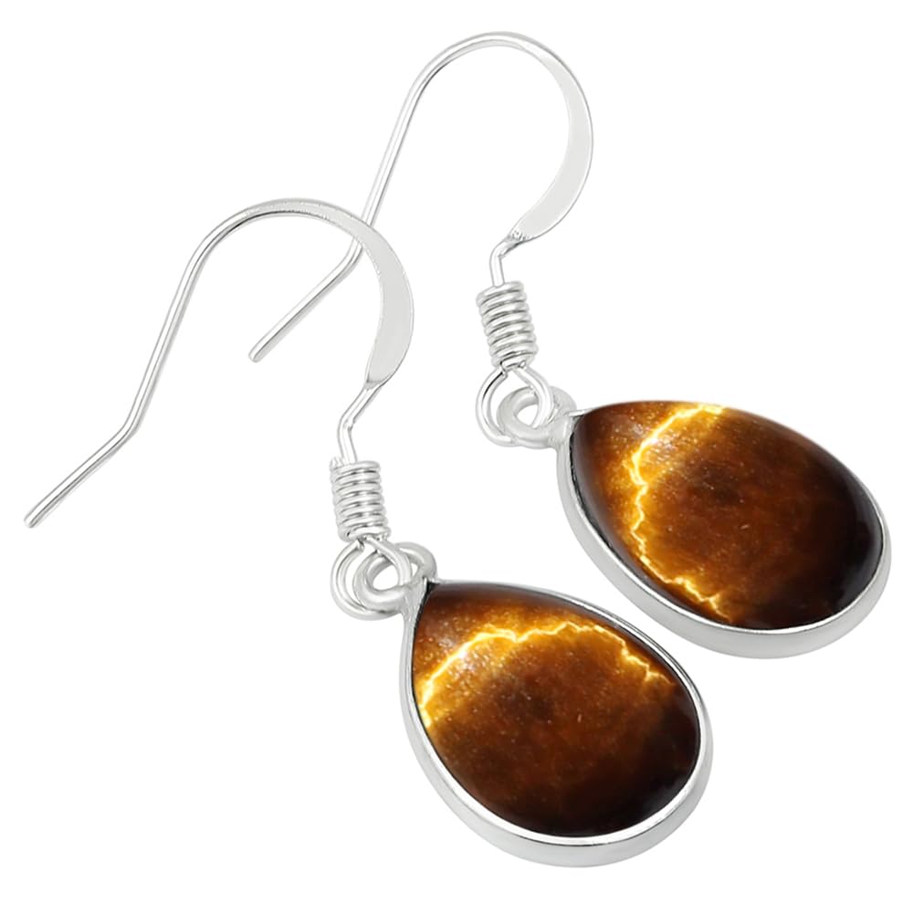 Natural Tiger Eye Sterling Silver Plated Dangle Earrings for Women - Brown Gemstone June Birthstone Teardrop Shape Dangle & Drop Handmade Earrings Jewelry - Gifts for Her