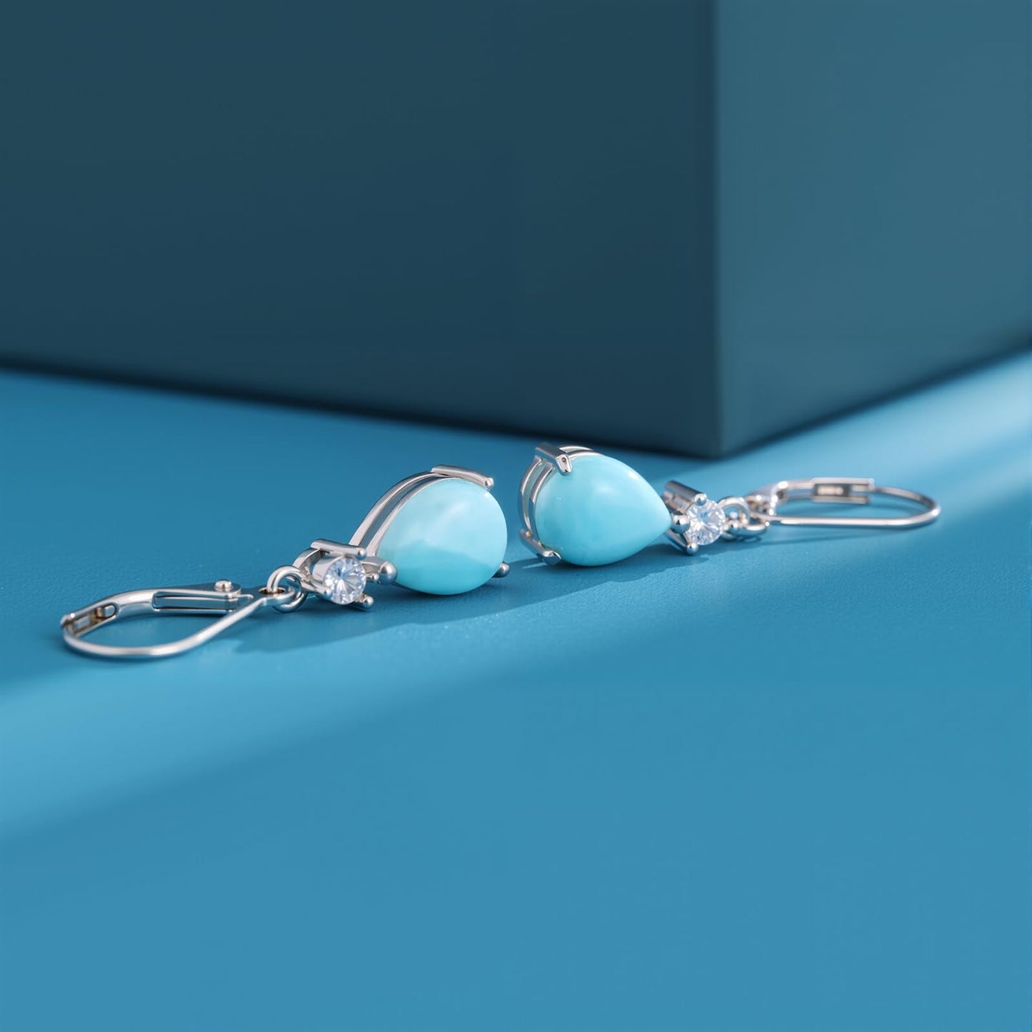 14K White Gold Filled Sterling Silver 7x9mm Teardrop Larimar Gemstone Dangle Earrings for Women