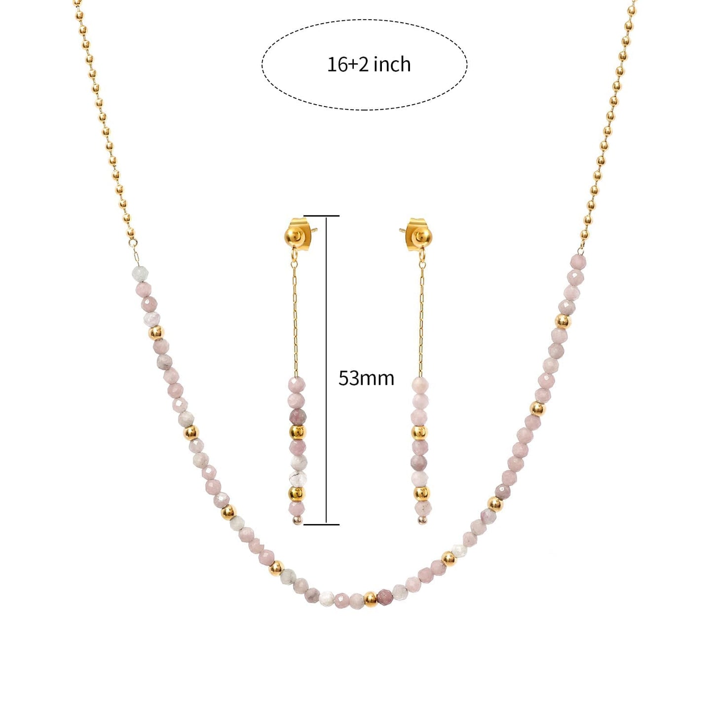 TaYolnFaSo Round Pink Tourmaline Beads Jewelry Set for Women 18K Gold Plated Pink Tourmaline Necklace and Earrings Set Gift for Female