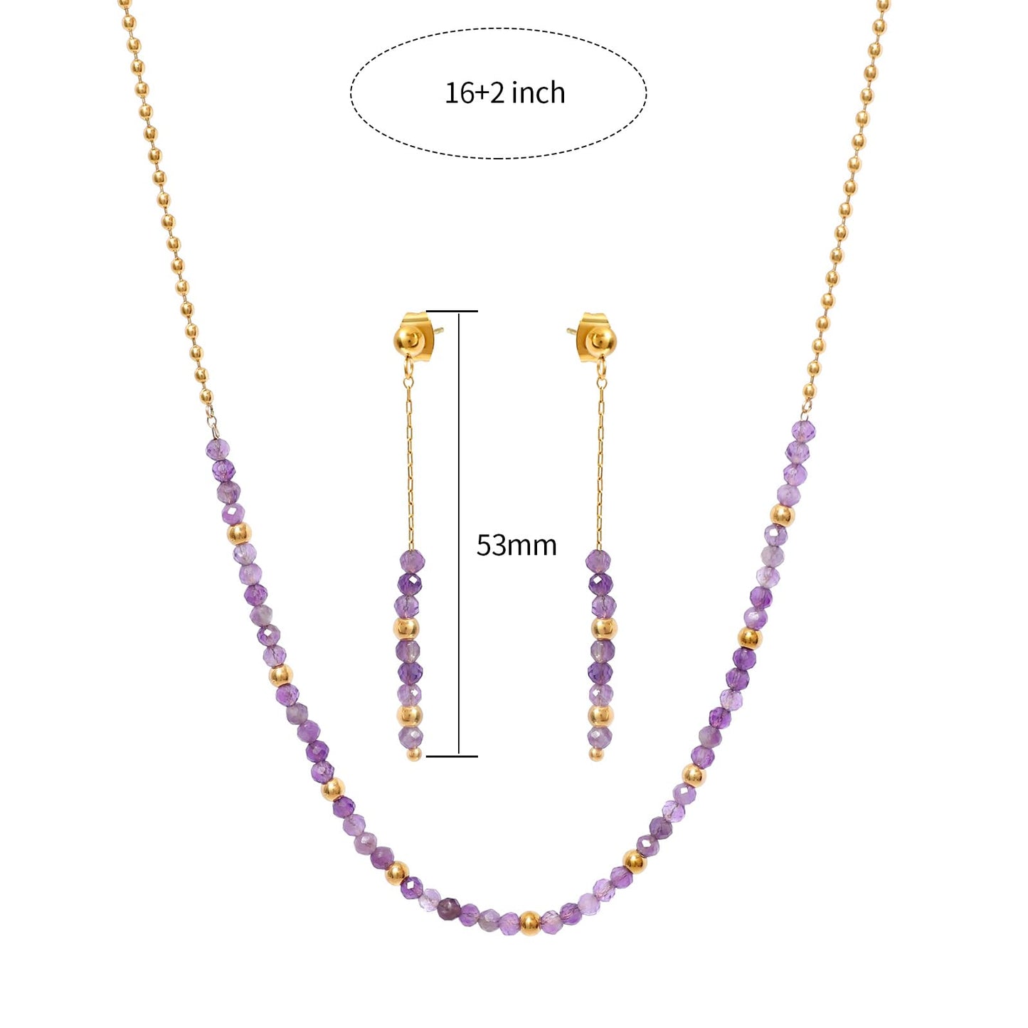 TaYolnFaSo Round Amethyst Beads Jewelry Set for Women 18K Gold Plated Amethyst Necklace and Earrings Set Gift for Wife