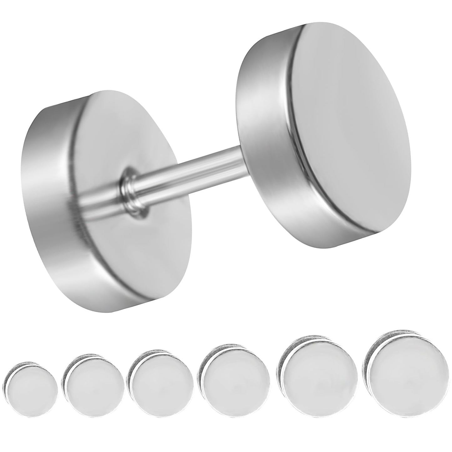 6 Pairs Silver Earrings for Men Women Fake Plugs Faux Gauges Plugs Earring Stainless Steel Stud Earrings, 4-10mm (Silver)