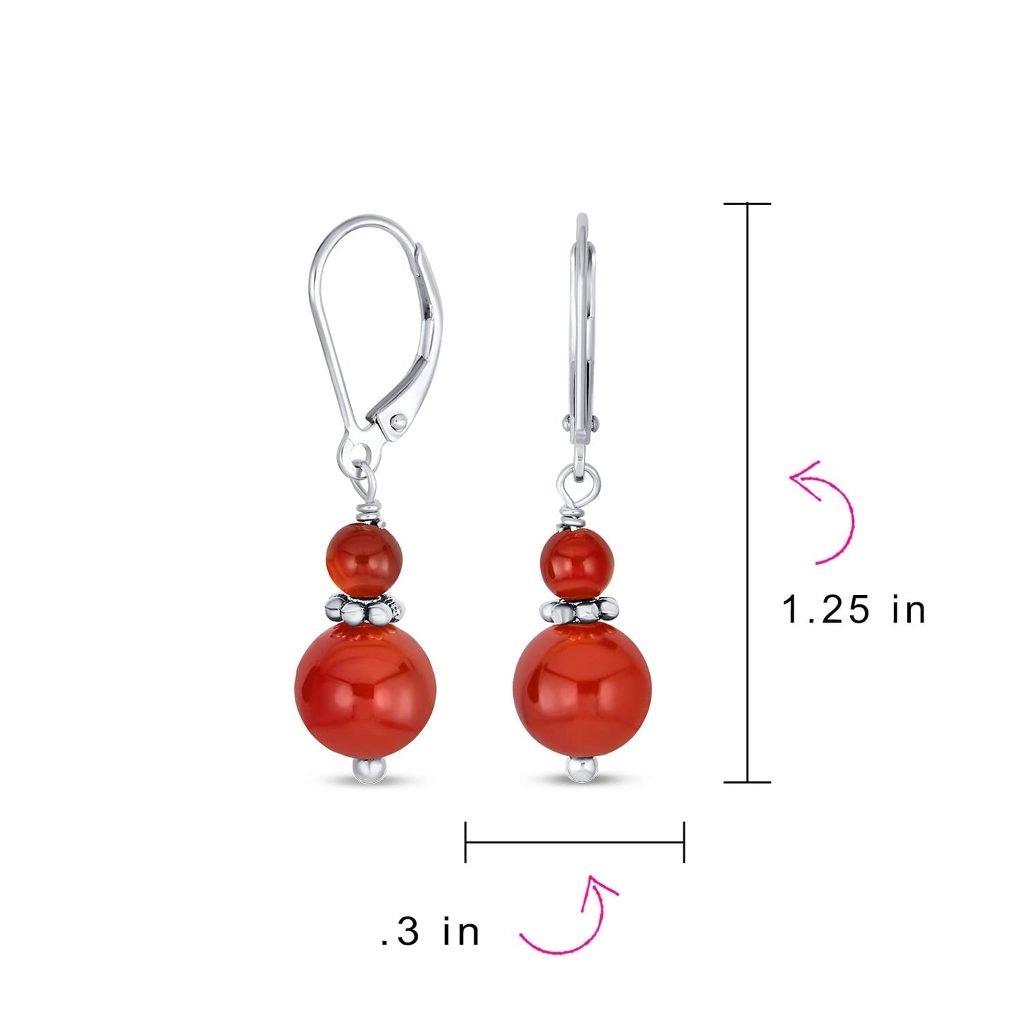Bling Jewelry Bali Style .925 Sterling Silver Red Carnelian Bead 3MM & 8mm Balls Drop Earrings Milgrain Rondel Separator Lever Back Genuine Gemstone