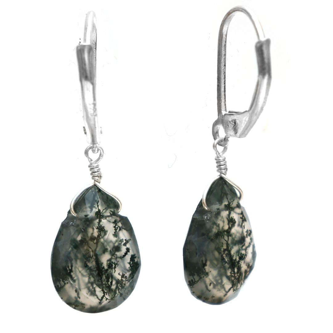 GEMINSPIRE Moss Agate Pear Shape Tear Drop Earrings Suspended with Sterling Silver Lever Back Hoop, Elegant Handmade Jewelry Gifts for Women