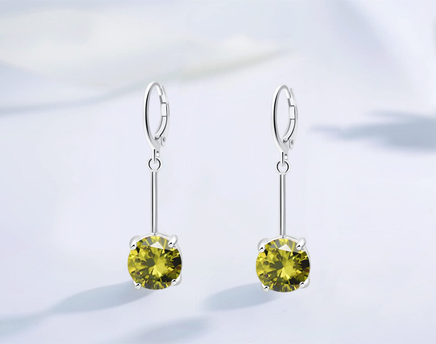 VONSSY Gemstone Drop Dangle Earrings | Platinum /Gold Plated Leverback Crystal Cubic Zirconia Hanging Red /Pink/Blue Earrings (Olive Green-Platinum)