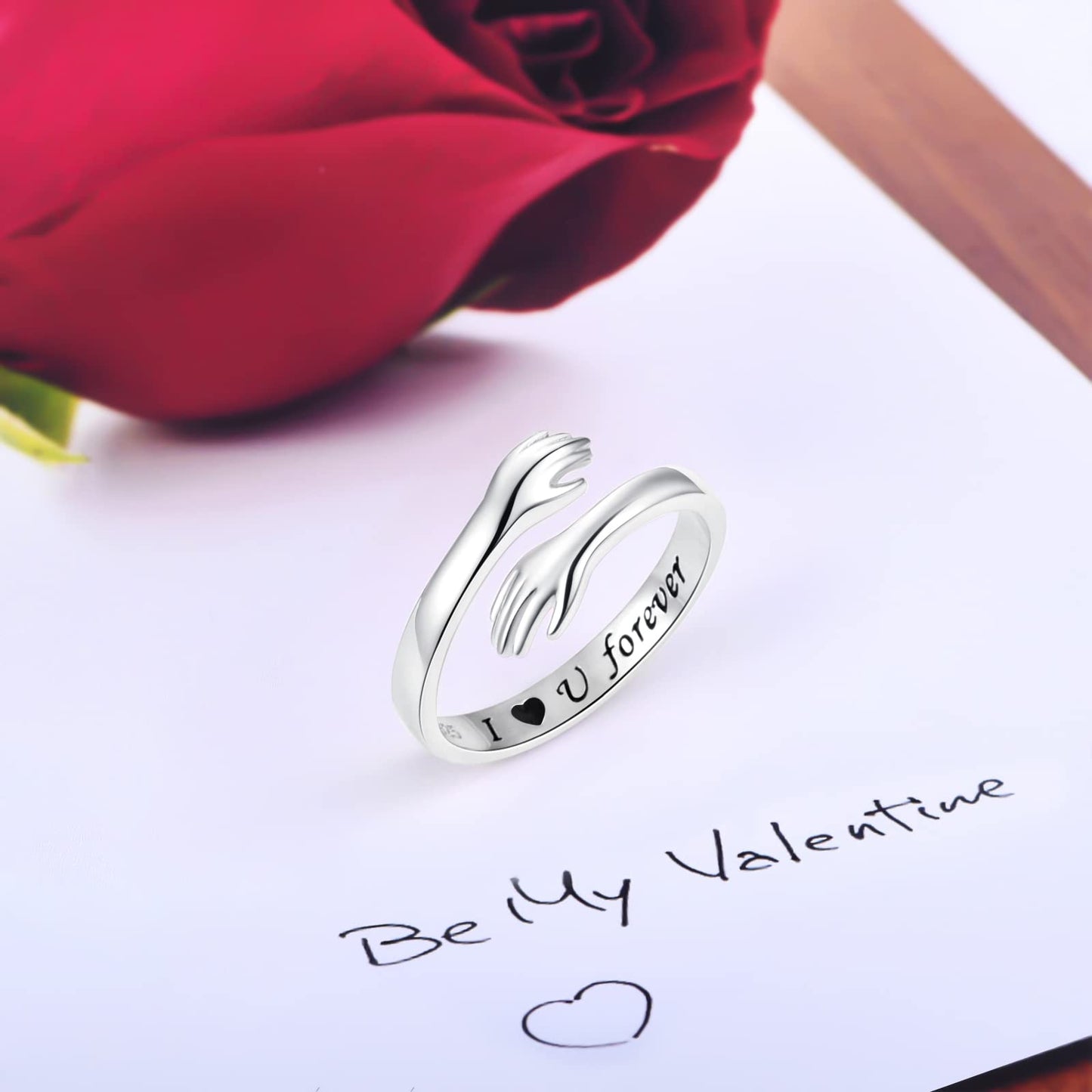 ACJFA Hug Rings for Women Sterling Silver Adjustable Ring for Women Daughter Hand Ring Jewelry for Birthday Gifts Holiday Gift for Teens (I U forever)