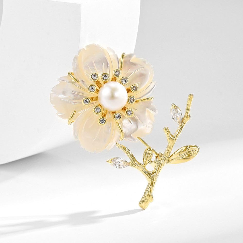 UNVAK Plum Brooch Pin 18K Gold-plated Plum Blossom Brooches Pearl Flower Pin Jewelry Gift for Women Girls