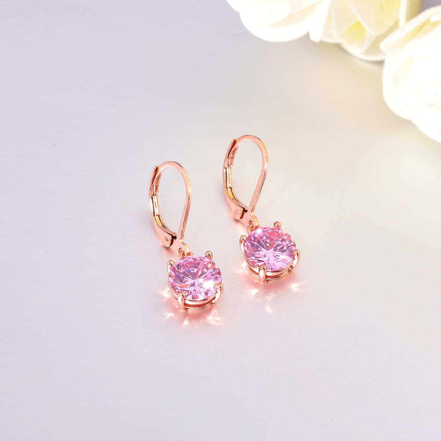 CiNily Dangle Earrings for Women Ladies Pendant Earrings 14K Rose Gold Plated Drop Earring CZ Pink Cubic Zirconia Leverback Dangle Earrings for Sensitive Ears Hypoallergenic Fashion Jewelry