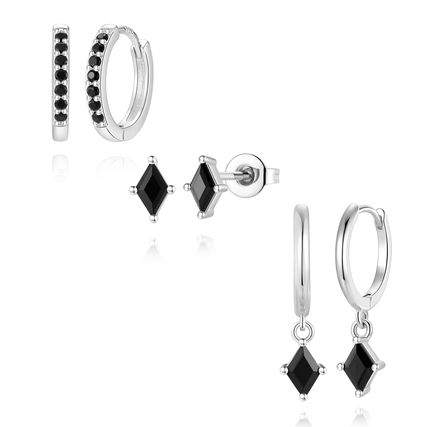 3 Pairs Sterling Silver Earrings Set for Women, Hypoallergenic Silver Black Earrings for Women Dangling, Dainty Huggie Hoop Black Earring Stacks Stud Earring Trendy Jewelry Gifts