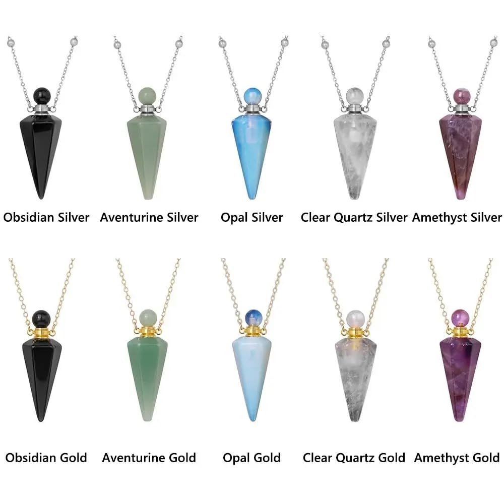 925 Sterling Silver Essential Oil Necklace For Women And Men, Natural Crystal Stone Cone Shape Pendant Necklace Healing Perfume Bottle Necklace Essential Oil Pendant Necklace (2 - Essential Oil Necklace)