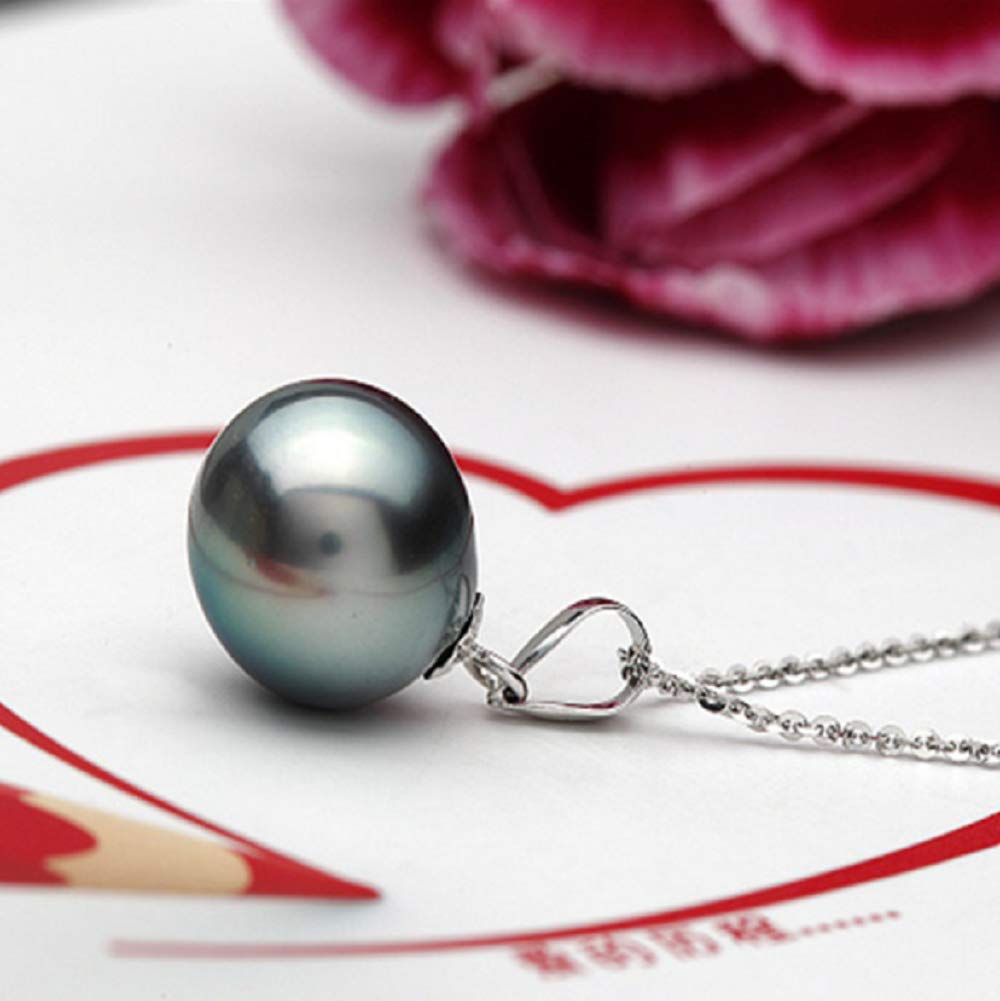 Lzz 925 Sterling Silver Tahitian Nanhai Freshwater Cultured Black Pearl Pendant Necklace - 9-10mm Round Pearl Ladies Necklace