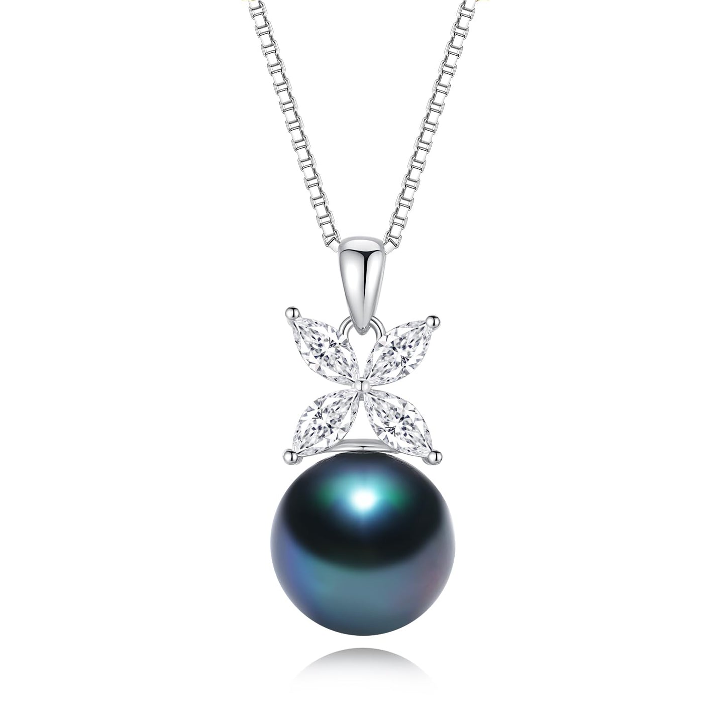 YAMI Tahitian Black Pearl Pendant Necklace, 12-13mm Cultured Round Pearls, 925 Sterling Silver with 18+2IN Adjustable Chain, Elegant Mother's Day Jewelry Gift for Women, 4 Leaf Style