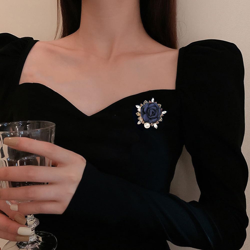 Elegant Rose Flower Brooch Pin for Women Men Wedding Party Gentleman's Essentials Handmade Imitation Crystal Pearl Fabric Flower Lapel Pin Dress Suit Accessories Boutonniere Ideas (Blue)