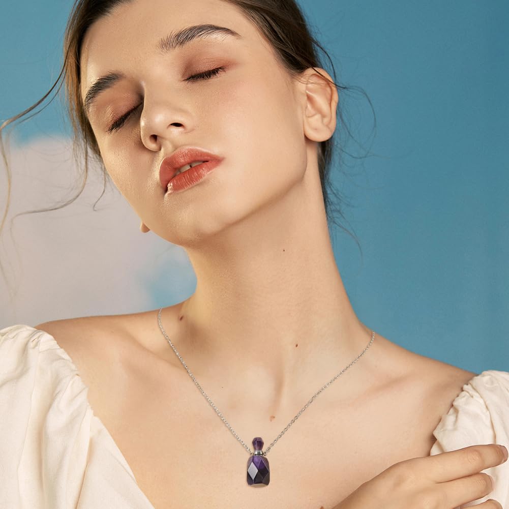 SUPERFINDINGS 2Pcs Perfume Bottle Necklace Essential Oil Diffuser Necklace Purple Natural Amethyst Perfume Bottle Pendant with 304 Stainless Steel Chain Gemstone Vial Pendant for Woman Men