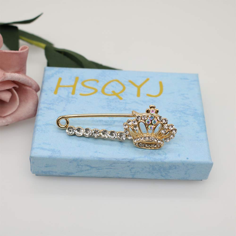 Shiny Crystal Crown Brooch Pin Elegant Rhinestone Royal Princess Safety Brooches Dress Sweater Coat Pins Gold Plated Fashion Jewelry for Women Men (Crown Safety pin)