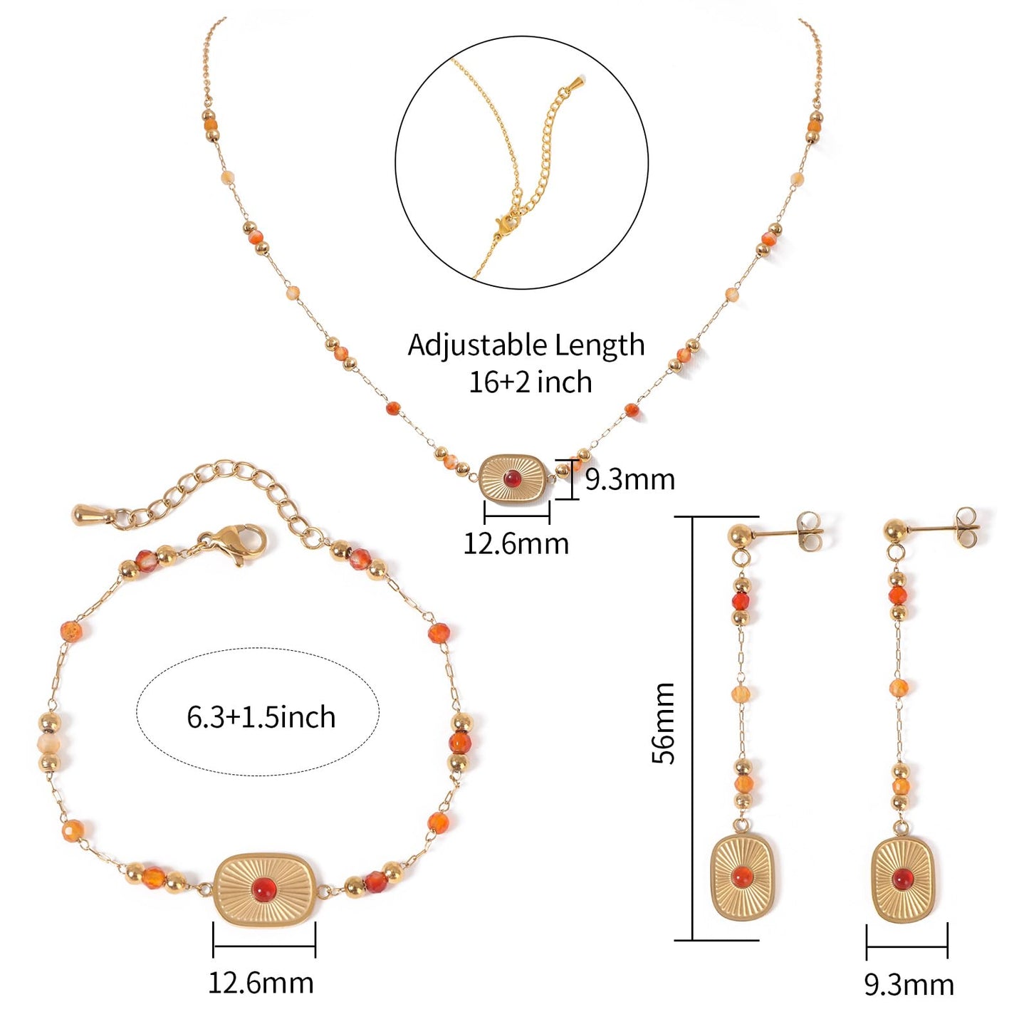 TaYolnFaSo Natural Red Agate Jewelry Set for Women 18K Gold Plated Sun Disk Red Agate Necklace Earrings Bracelet Set Gift for Wife