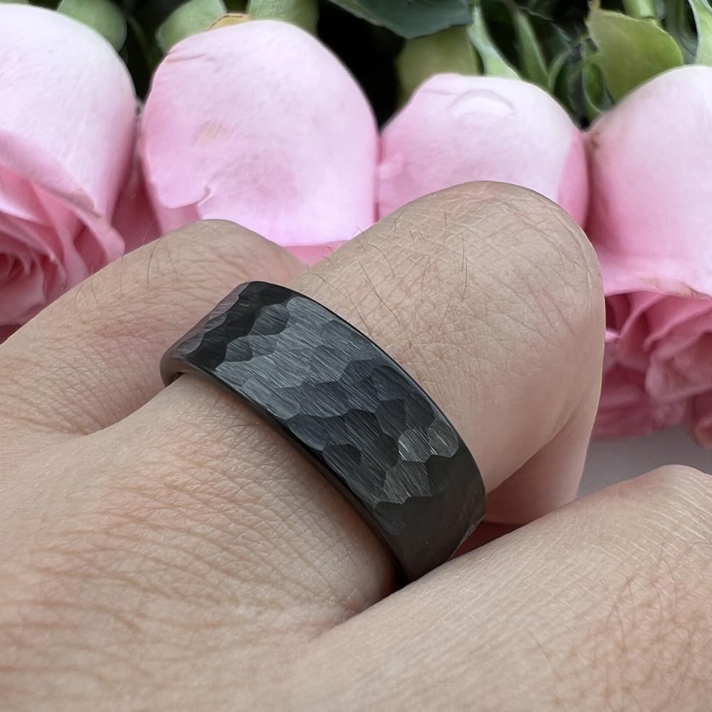 TUTISS 8mm Black Hammered Tungsten Carbide Rings for Men Women Fashion Engagement Wedding Bands Matte Finish I Love You Engraved Comfort Fit Size 10