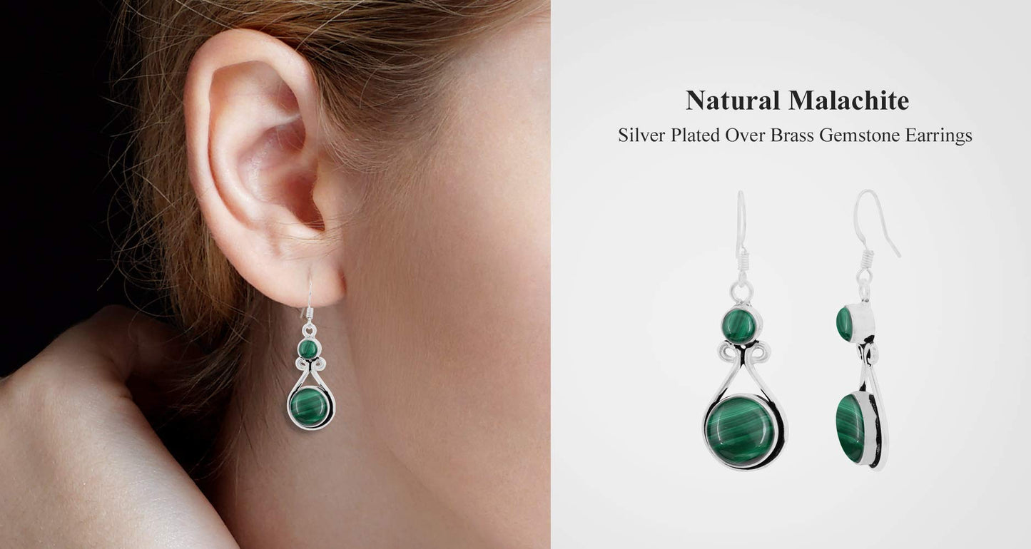 Natural Malachite Silver Plated Dangle Earrings for Women - April Birthstone Round Gemstones Drop Earrings Handmade Jewelry - Mother's Day Gift for Her