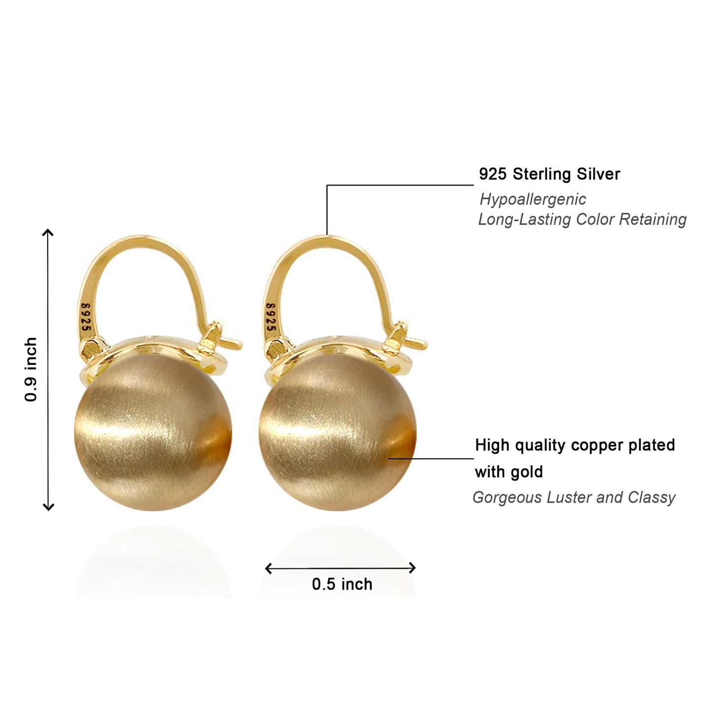 OwMell Elegant 925 Sterling Gold Pearl Drop Earrings Dangle Stud Gold Plated Earrings for Women Large Size 12mm - Brushed Gold