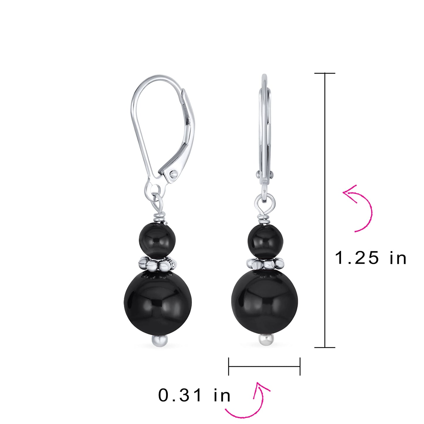 Bling Jewelry Bali Style .925 Sterling Silver Black Onyx Bead 3MM & 8mm Balls Drop Earrings Milgrain Rondel Separator Lever Back Genuine Gemstone