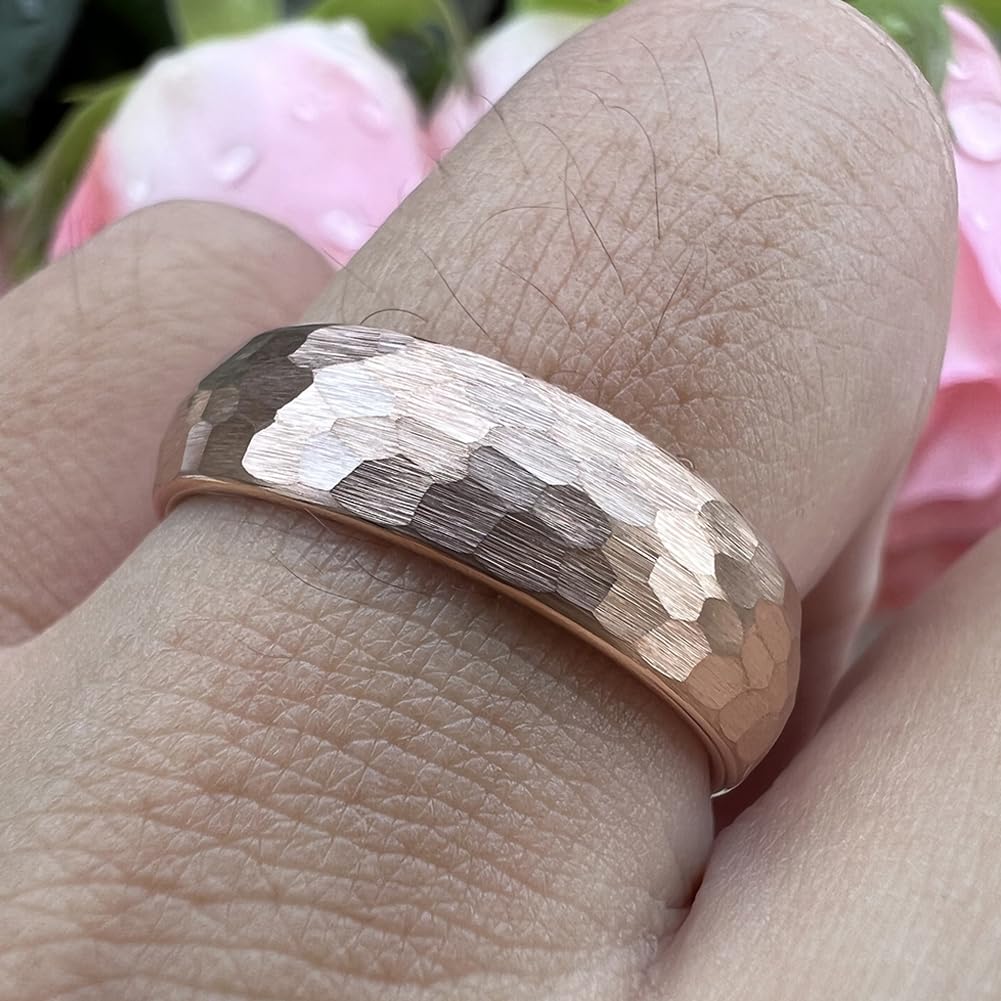 TUTISS 6mm Rose Gold Hammered Tungsten Rings for Men Women Engagement Wedding Bands Domed Matte Finish Comfort Fit Size 9.5