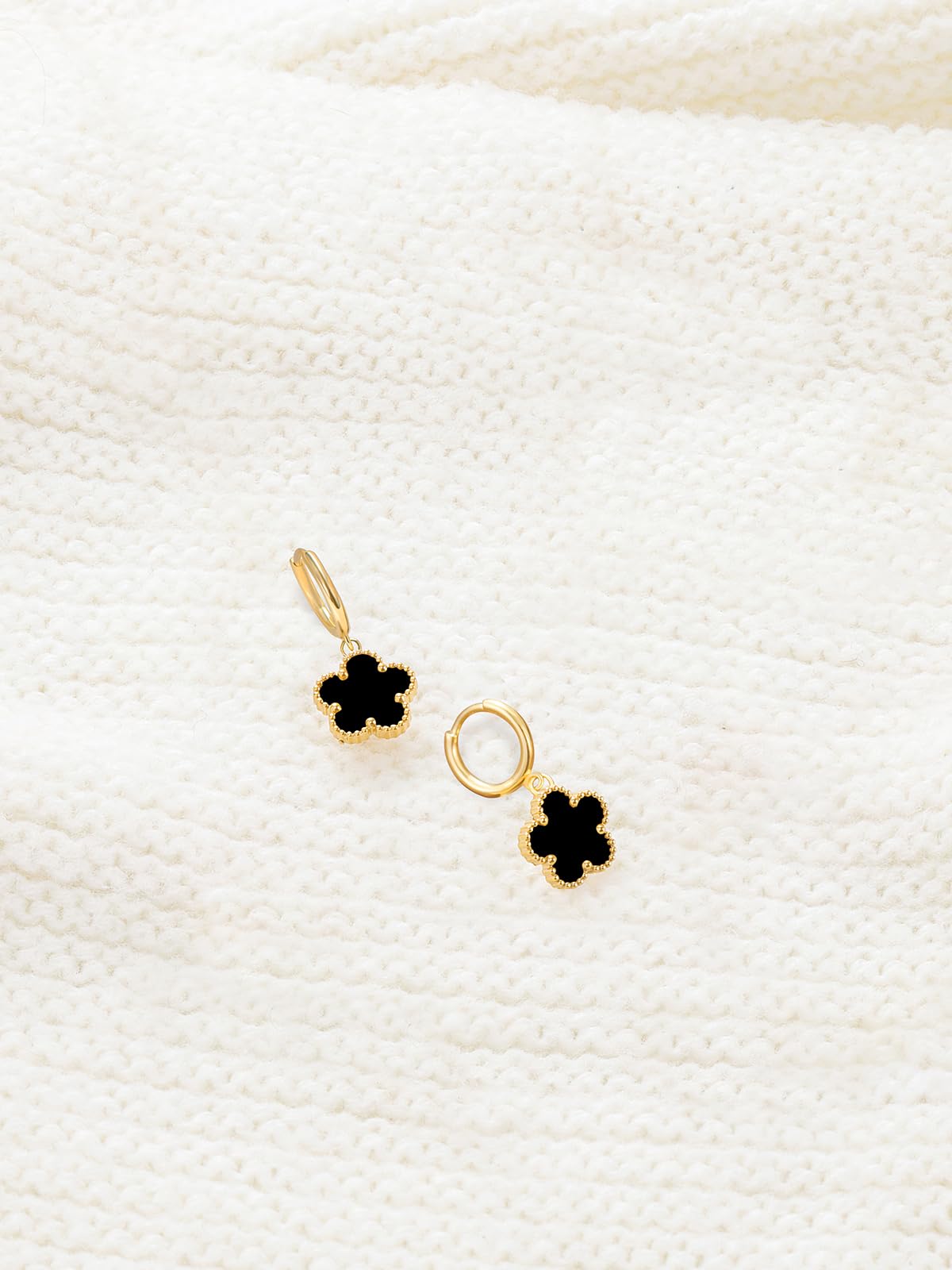 Gold Plated Five Leaf Clover Dangle Earrings for Women Lucky Flower Jewelry (Black-14K Gold Plated)