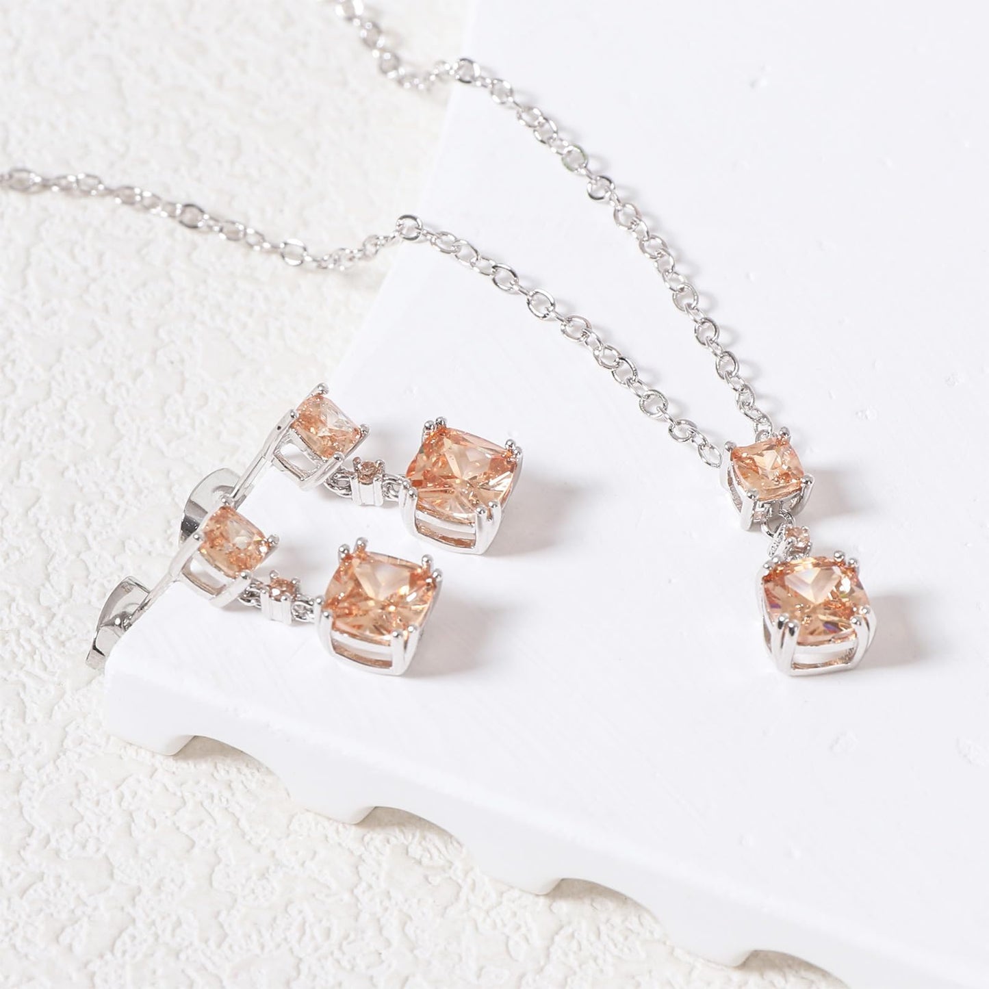 TaYolnFaSo Champagne Cubic Zirconia Jewelry Sets for Women White Gold Plated Cushion-Cut Necklace Earring Set Champagne Jewelry Birthday Gifts for Mother