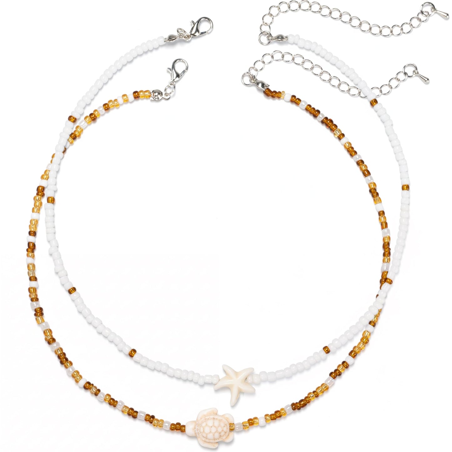 Lameybrt Cowrie Shell Surfer Necklaces, Hawaiian Beach Handmade Choker Set for Women, White Rice Bead with Black Accents, Bohemian Summer Seashell Choker 2 Piece Set, Perfect for Summer Beach Vacation, Birthday, Mother’s Day & Holiday Gifts (Shell 16 Turt
