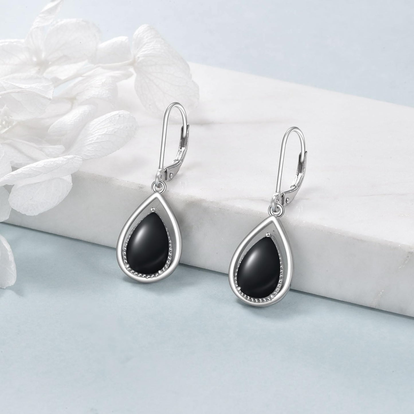 VONALA Black Onyx Earrings 925 Sterling Silver Black Onyx Leverback Earrings Teardrop Dangle Dangling Earrings Jewelry Gift for Women