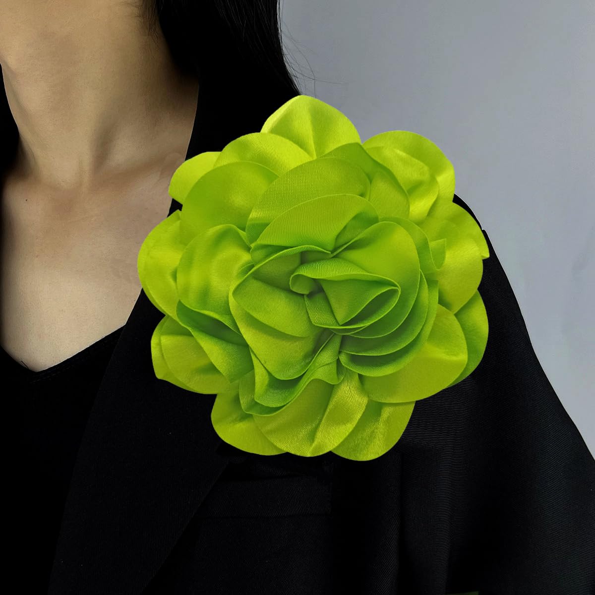 19mm Extra Large Rose Flower Brooches Lapel Pins Dainty Satin Fabric Brooches Big Camellia Flower Brooch Pin for Women Wedding Part Dance Clothes Accessories Jewelry (Fluorescent green)