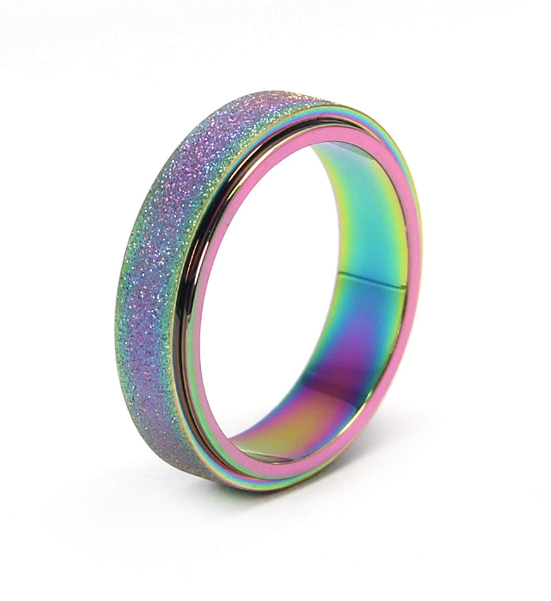 OreilleStar Anxiety Ring for Women Fidget Spinner Ring Fidget Toys Adults Titanium Stainless Steel Thumb Ring 6mm Wide Rainbow Size 9