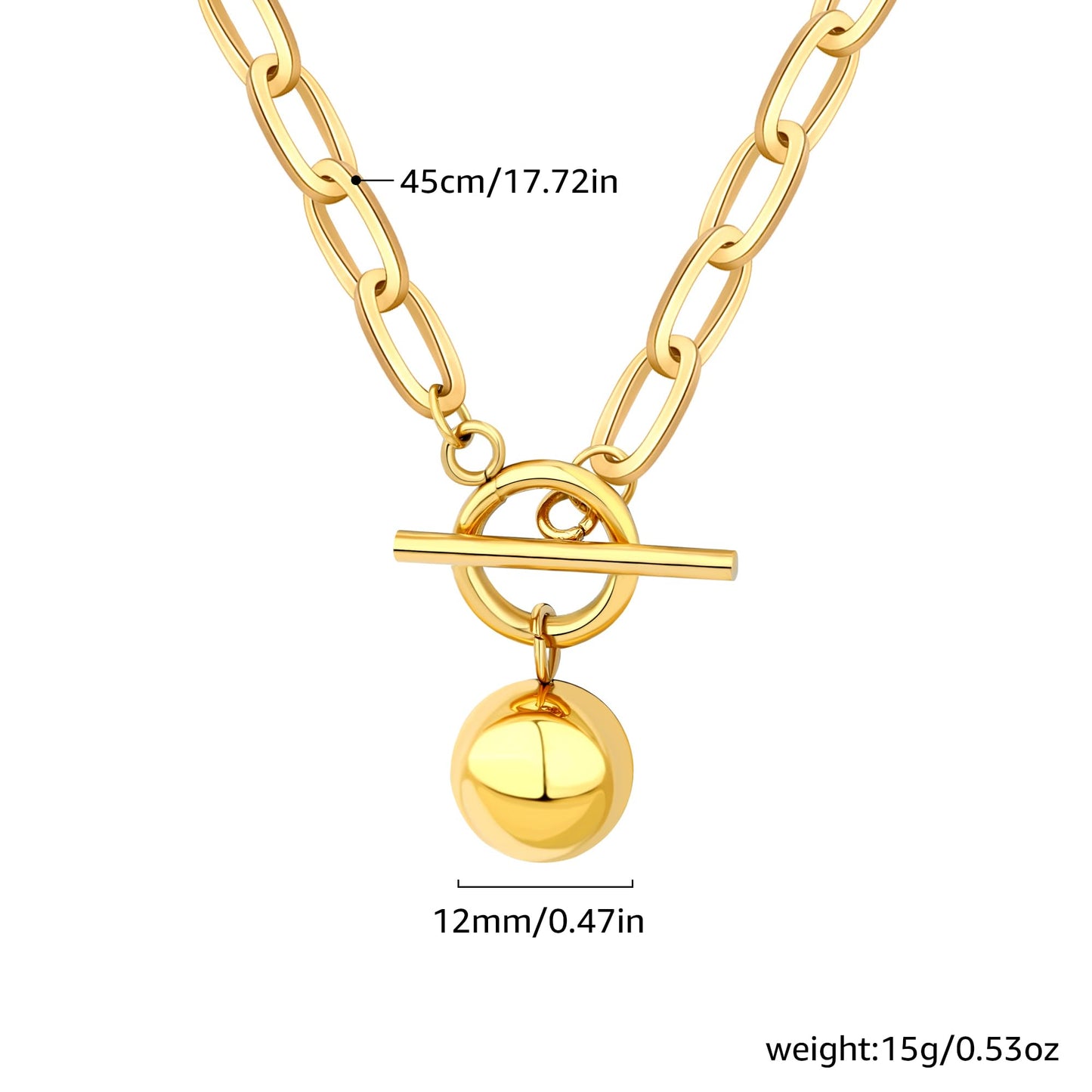BONJOULRY Chunky Gold Necklace for Women, 18K Waterproof Heart Necklace Statement Necklace Gold Charm Necklace Chunky Jewelry Paperclip Chain Choker Gift for Women (Golden Ball)