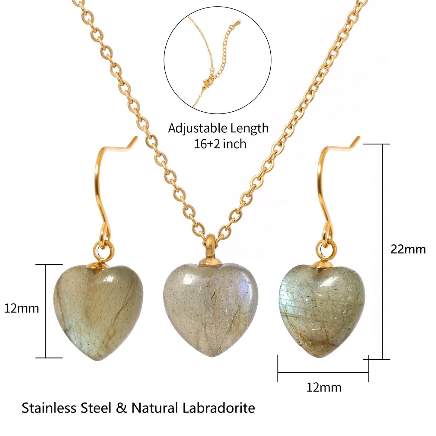 TaYolnFaSo Natural Heart Labradorite Jewelry Set for Women Dainty Cute 18K Gold Plated Labradorite Earrings and Necklace Set Birthday Gifts