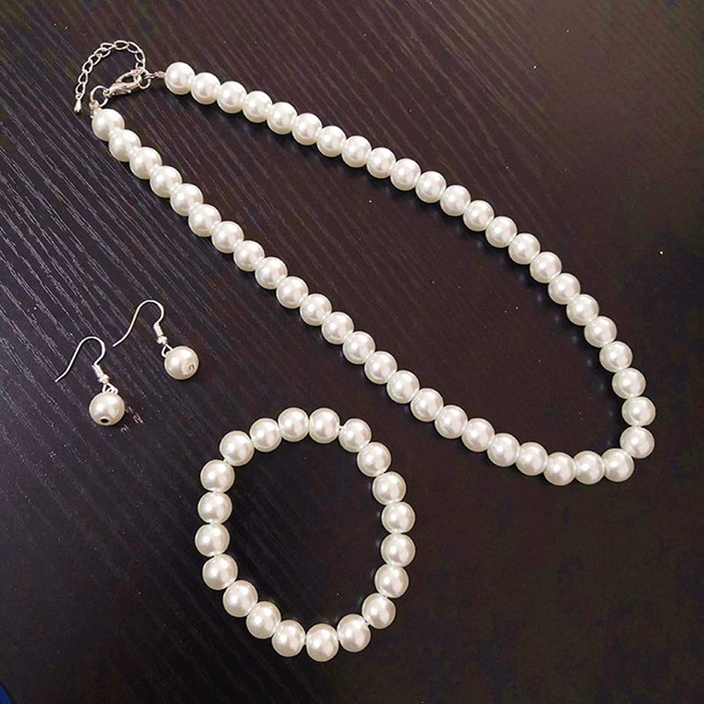 tenghong2021 Fashion Classic Faux Pearl Jewelry Set Necklace Bracelet Earrings for Women Best Gift (White 4)