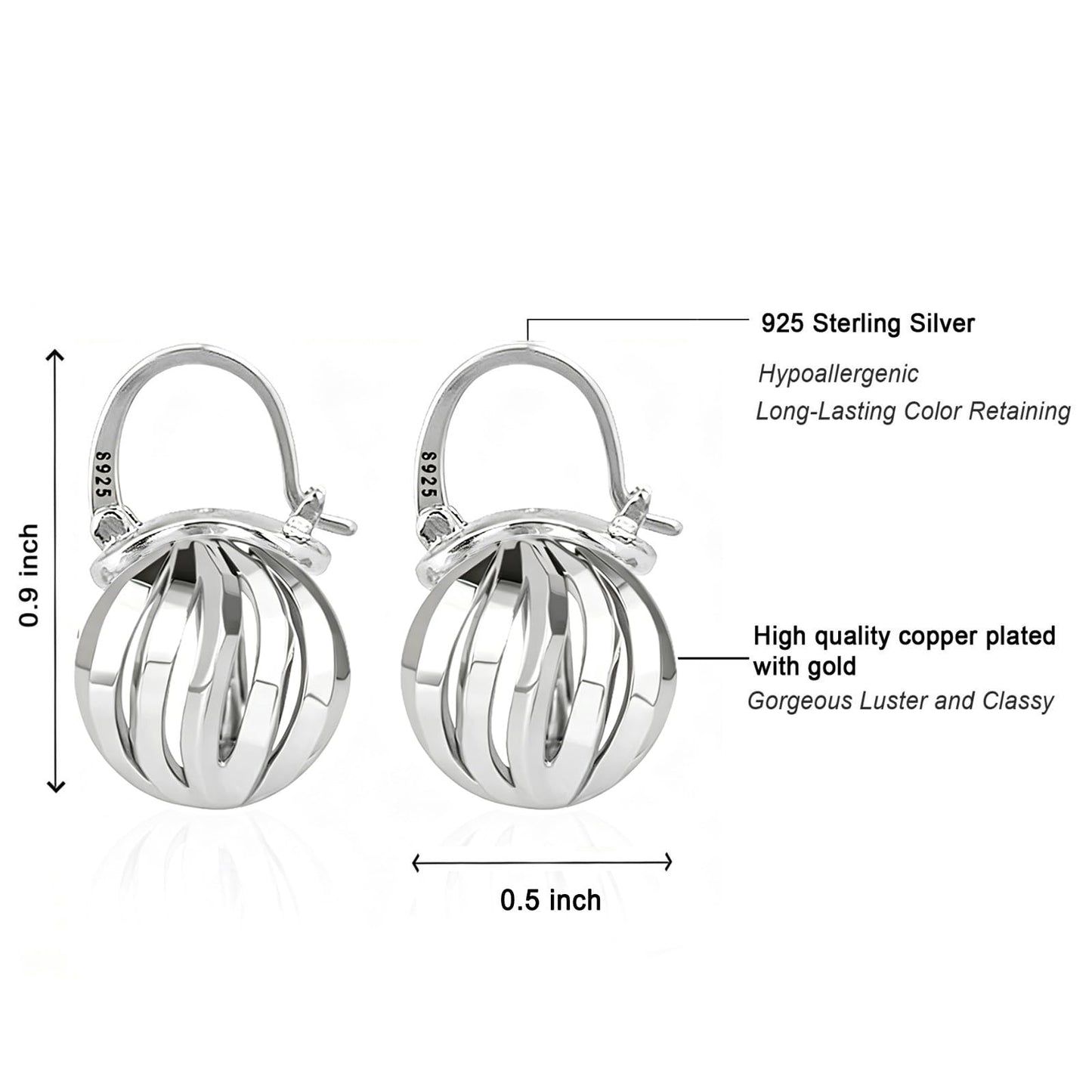 OwMell Elegant 925 Sterling Silver Pearl Drop Earrings Dangle Stud Silver Plated Earrings for Women Large Size 12mm - Hollowed Ball Silver