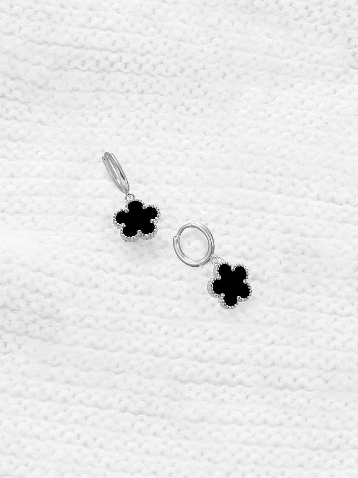 Gold Plated Five Leaf Clover Dangle Earrings for Women Lucky Flower Jewelry (Black-White Gold Plated)