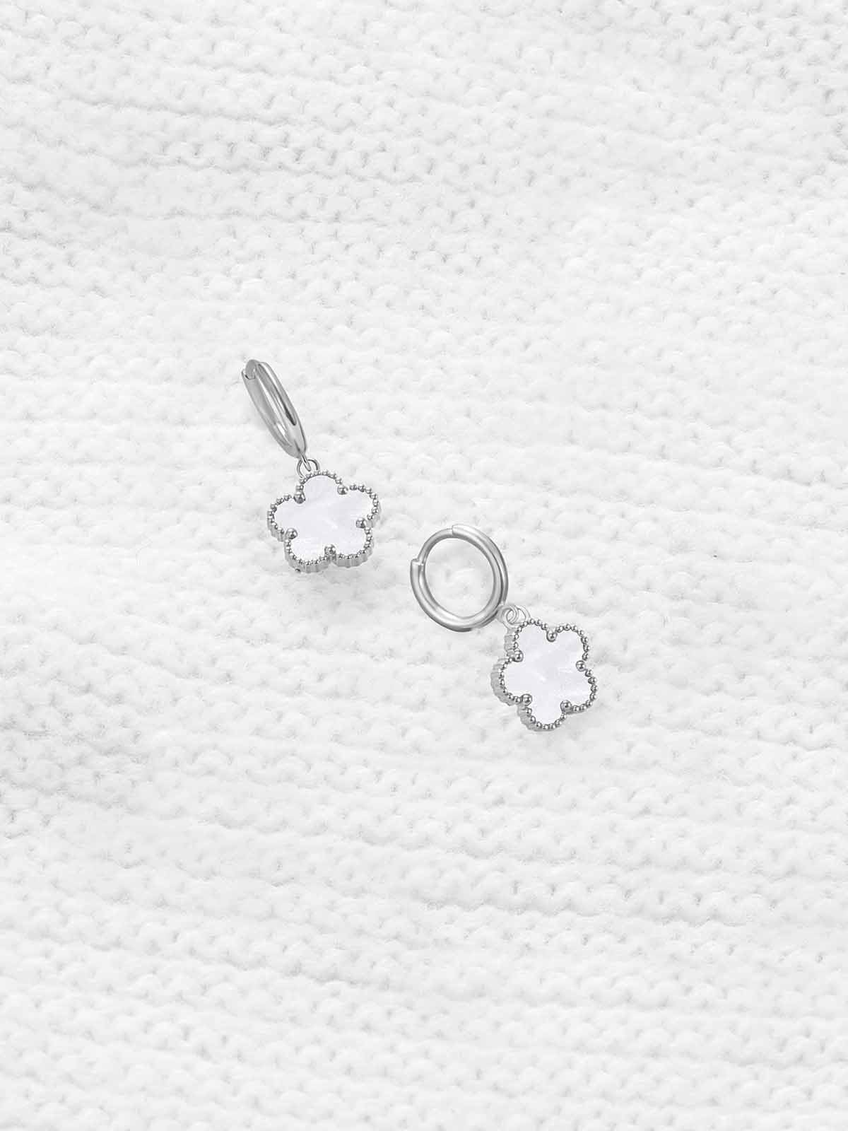 Gold Plated Five Leaf Clover Dangle Earrings for Women Lucky Flower Jewelry (White-White Gold Plated)