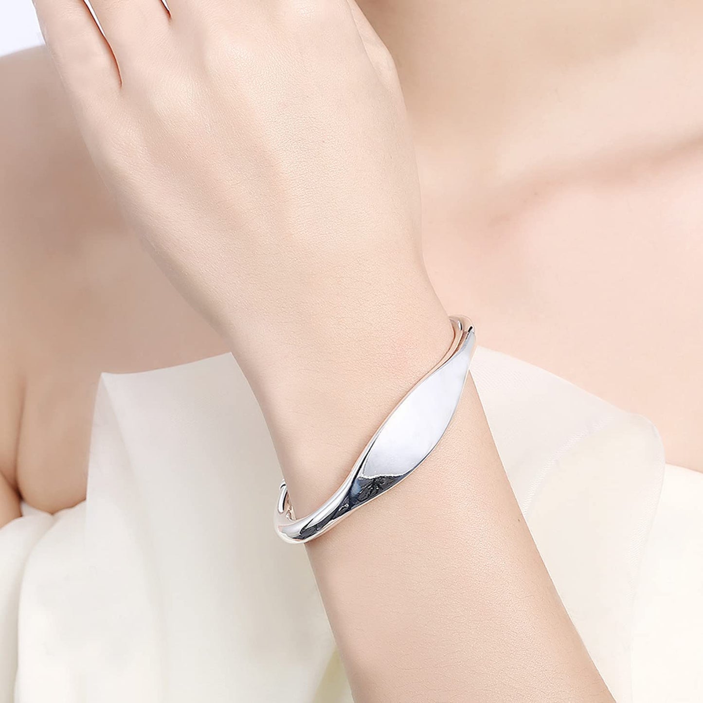 925 Sterling Silver Bangle Bracelets Fahion Open Adjustable Wide Cuff Bracelet for Women Teen Girls Minimalist Unisex Cuff Bracelet High Polish Irregular Cuff Bangles Stackable Bracelet for Men Women