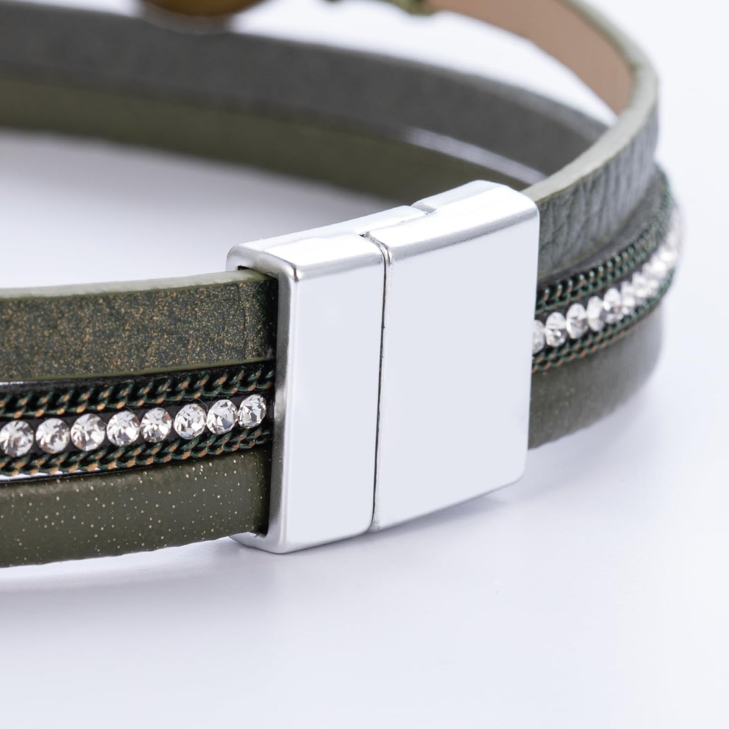 FANCY SHINY Boho Leather Wrap Bracelet Stackable Chunky Crystal Cuff Bracelets with Magnetic Clasp Cowboy Cowgirl Western Summer Beach Outfits Jewelry Gifts for Women (14.7", Green)