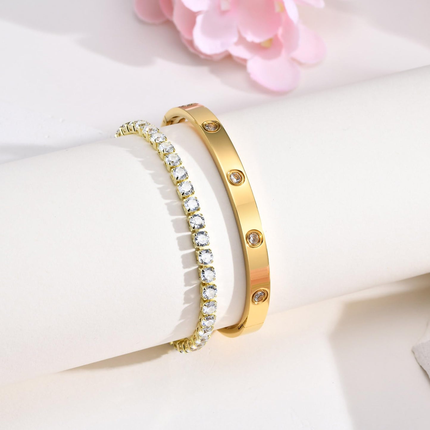 MPRAINBOW Gold Bracelets for Women, 2Pcs 18K Gold Plated Cubic Zirconia Bangle Crystal Friendship Bracelet Jewelry,Wedding Party Christmas Birthday Gift for Girlfriend Sister Daughter