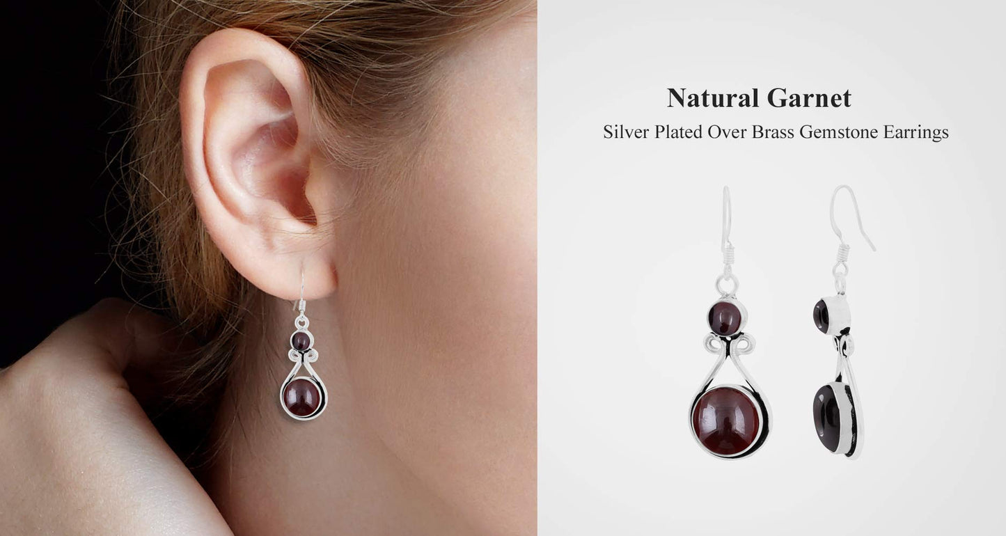 Natural Garnet Silver Plated Dangle Earrings for Women - Januray Birthstone Round Gemstones Drop Earrings Handmade Jewelry - Wedding Christmas Gift for Her