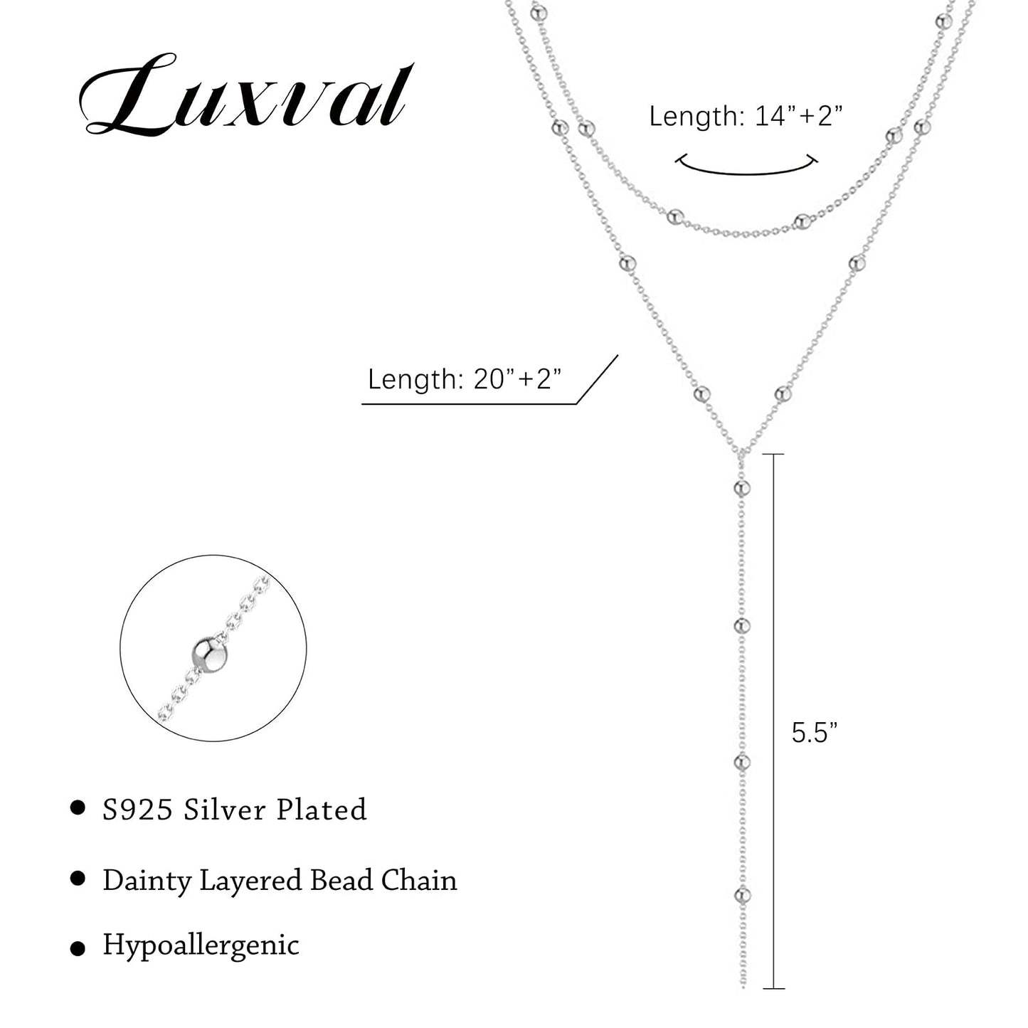 Luxval Silver Necklace for Women Dainty Silver Plated Layered Necklaces Trendy Lariat Beaded Long Necklace Simple Jewelry for Women Gift
