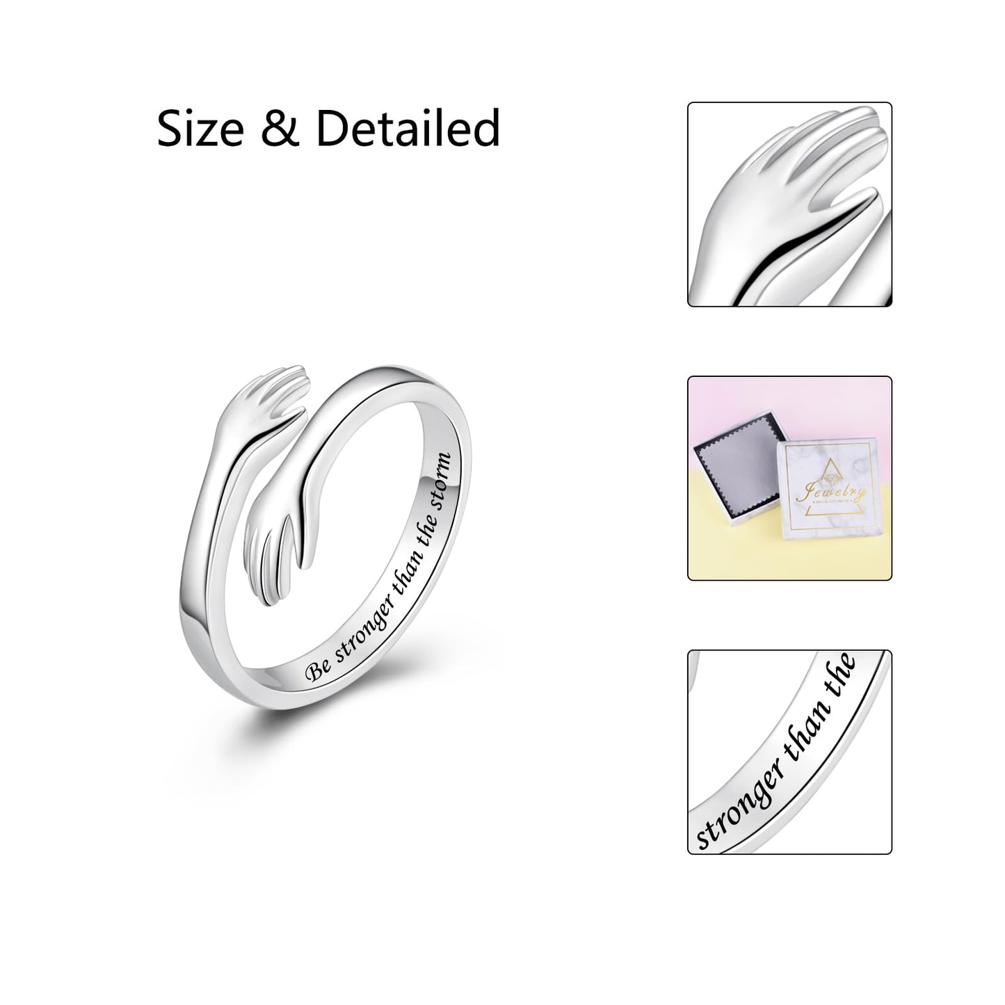 ACJFA S925 Sterling Silver Hug Ring for Women Adjustable Thumb Ring Birthday Gifts (Be stronger than the storm)