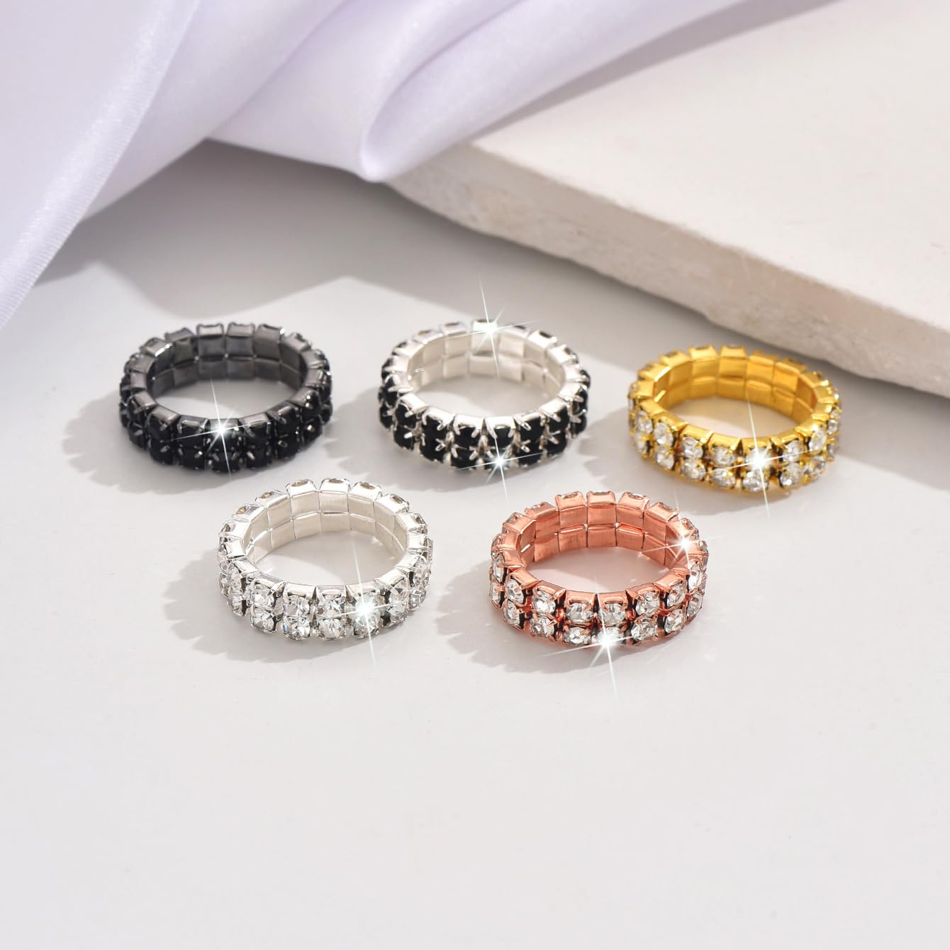 2PCS Rhinestone Stretch Ring for Women Sparkling Gold Silver Black Crystal Knuckle Ring Set Fashion Crystal Stackable Finger Rings Set Elegant Bridal Wedding Stretchy Statement Rings Jewelry (Black)