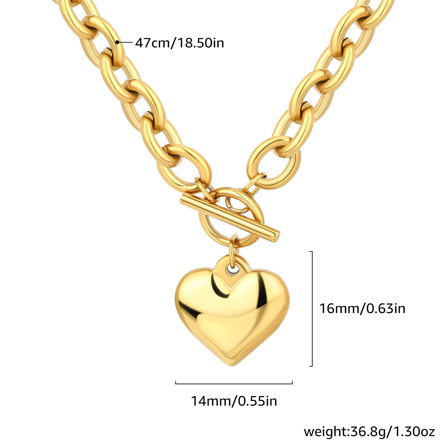 BONJOULRY Chunky Gold Heart Necklace for Women, 18K Waterproof Heart Necklace Statement Necklace Gold Charm Necklace Chunky Jewelry Valentine's Day Gift for Women (OT Chunky Chain Heart)