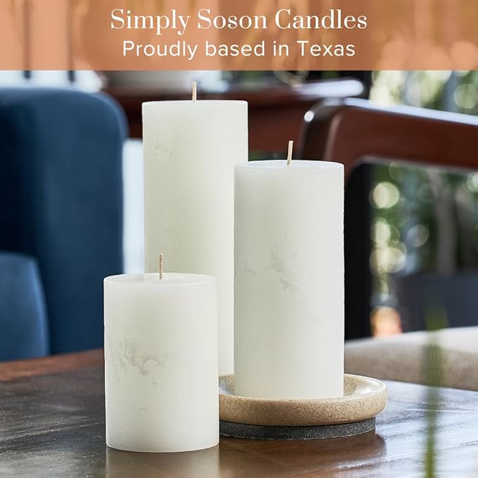 Simply Soson 3x8 inch White Pillar Candles Set of 3, Rustic Texture, Unscented White Candles, Dripless Candles, 3 inch Pillar Candles Ideal as Wedding, Parties, Spas, Dinner, Home Decoration, Church